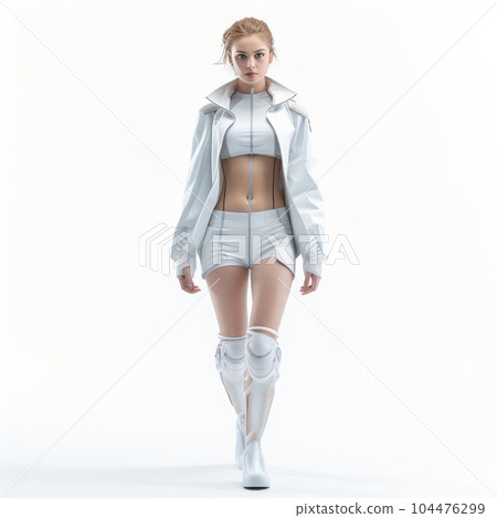 Woman in clothes of the future on a white background 104476299