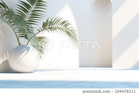 Light blue wall with shade and plant on the floor in a vase Light blue wall with shade and plant on the floor in a vase 104476311