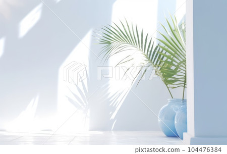 Light blue wall with shade and plant on the floor in a vase Light blue wall with shade and plant on the floor in a vase 104476384