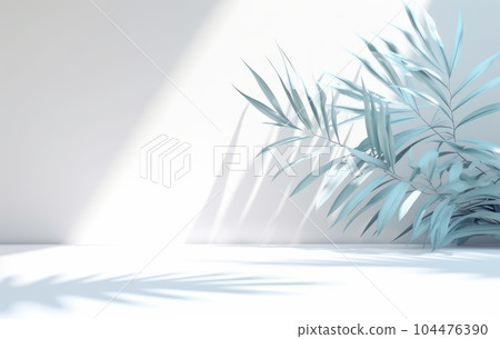 Light blue wall with shade and plant on the floor in a vase Light blue wall with shade and plant on the floor in a vase 104476390