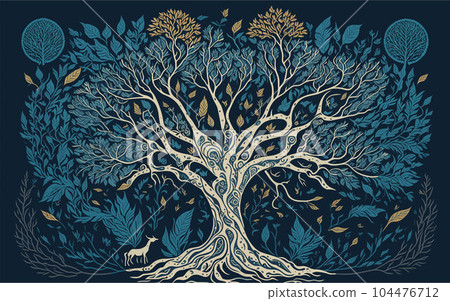 vector illustration that symbolizes the interconnectedness of the natural world and the human spirit. majestic tree with its branches reaching towards the sky, adorned with intricate patterns and 104476712