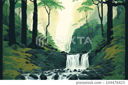 tranquil illustration a serene waterfall nestled within a lush forest. Depict the waterfall cascading down moss covered rocks, surrounded by verdant foliage and trees. natural beauty. for nature 104476825