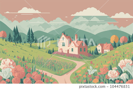 vector illustration a peaceful and serene countryside scene, with rolling hills, blooming flowers, and a winding river. nature themed publications, wellness blogs, or as artwork for relaxation spaces. 104476831