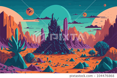 background illustration showcasing a mystical and otherworldly alien landscape with strange rock formations, glowing plants, and surreal skies. utilize a surreal and imaginative color palette of flat 104476868