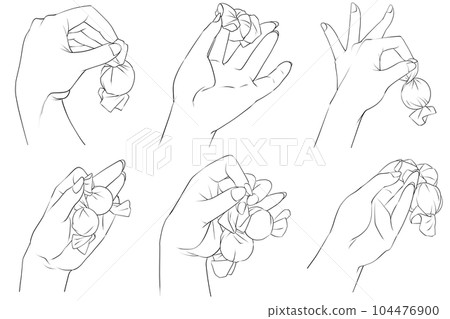 A hand that picks up candy or chocolate, a hand that grabs sweets (set of 6 line drawings) A hand that picks up candy or chocolate, a hand that grabs sweets (set of 6 line drawings) 104476900