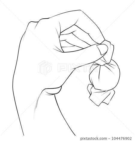 A hand that picks up candy or chocolate, a hand that grabs sweets (line drawing) A hand that picks up candy or chocolate, a hand that grabs sweets (line drawing) 104476902