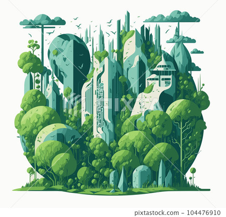 illustration that represents the delicate balance between nature and technology. futuristic cityscape seamlessly integrated with lush greenery and natural elements, emphasizing sustainable living and 104476910