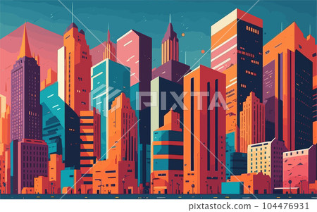 vector styled background illustration featuring a vibrant cityscape with iconic landmarks, futuristic skyscrapers, and bustling streets. bold and contrasting color palette of flat colors to create a 104476931