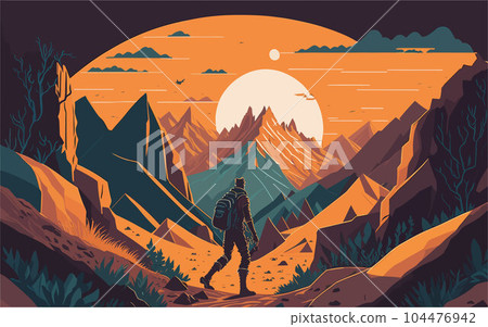 illustration that represents the concept of exploration and adventure, a mysterious and uncharted landscape. adventure-themed publications, outdoor apparel brands, or travel websites. 104476942