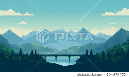 landscape with mountain bridge lake tree sunset landscape with mountain bridge lake tree sunset 104476972