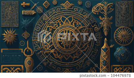 complex vector background image with a fusion of cultural symbols from around the world, incorporating elements like ancient hieroglyphics, Celtic knots, and Native American totems. 104476978