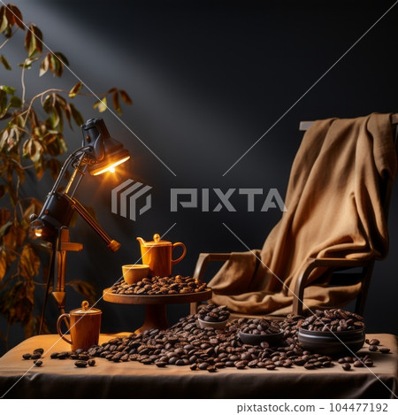 Coffee beans in a bowl on a wooden table. Coffee beans in a ceramic bowl and table in a dark room. Spilled dark coffee seeds on a table. Caffeine concept. 104477192