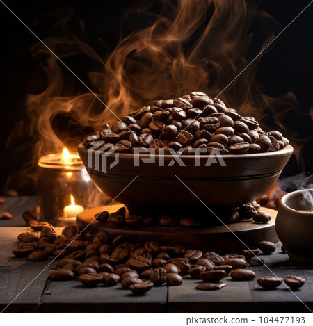 Coffee beans in a bowl on a wooden table. Coffee beans in a ceramic bowl and table in a dark room. Spilled dark coffee seeds on a table. Caffeine concept. 104477193