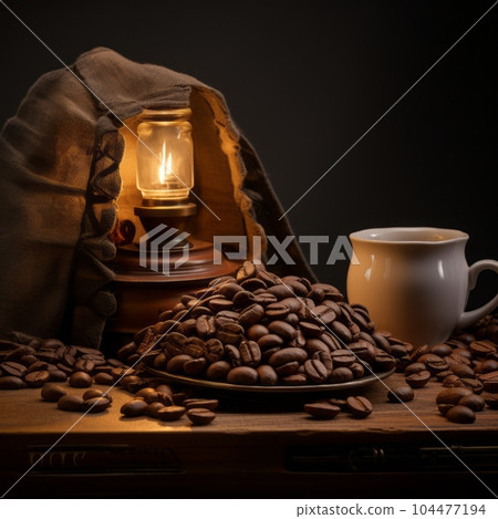 Coffee cup and beans in a bowl on a wooden table. Coffee beans in a bowl on a wooden table. Picture of a coffee cup with beans in a ceramic bowl in a dark room. Spilled dark seeds on a table. 104477194