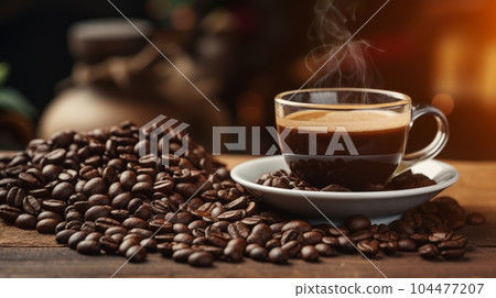 Coffee cup and spilled beans on a wooden table. Beans dropped and spread on a wooden table. Picture a coffee cup with beans in a dark coffee shop. Spilled dark seeds on a table. Caffeine concept. Coffee cup and spilled beans on a wooden table. Beans dropped and spread on a wooden table. Picture a coffee cup with beans in a dark coffee shop. Spilled dark seeds on a table. Caffeine concept. 104477207