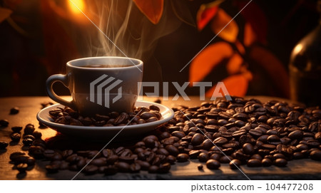 Coffee cup and spilled beans on a wooden table. Beans dropped and spread on a wooden table. Picture a coffee cup with beans in a dark coffee shop. Spilled dark seeds on a table. Caffeine concept. Coffee cup and spilled beans on a wooden table. Beans dropped and spread on a wooden table. Picture a coffee cup with beans in a dark coffee shop. Spilled dark seeds on a table. Caffeine concept. 104477208