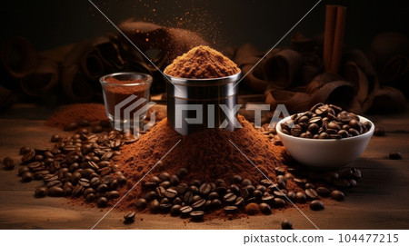 Metallic bowl overfilled with coffee powder, on a wooden table. Picture of a metal plate with powder in a dark coffee shop. powder dropped and spread on a wooden table. Caffeine concept. Metallic bowl overfilled with coffee powder, on a wooden table. Picture of a metal plate with powder in a dark coffee shop. powder dropped and spread on a wooden table. Caffeine concept. 104477215