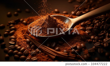 Spoon with ground coffee and coffee beans on a dark background. Macro shot of dry coffee powder in a metallic spoon. Spoon with brown powder surrounded by spilled dry beans. Spoon with ground coffee and coffee beans on a dark background. Macro shot of dry coffee powder in a metallic spoon. Spoon with brown powder surrounded by spilled dry beans. 104477222