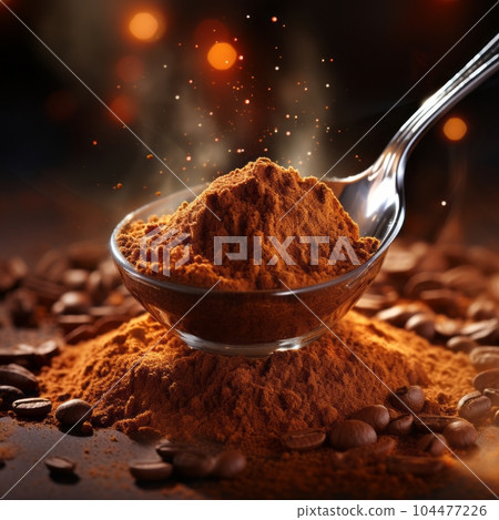 Spoon with ground coffee and coffee beans on a dark background. Macro shot of dry coffee powder in a metallic spoon. Spoon with brown powder surrounded by spilled dry beans. Spoon with ground coffee and coffee beans on a dark background. Macro shot of dry coffee powder in a metallic spoon. Spoon with brown powder surrounded by spilled dry beans. 104477226