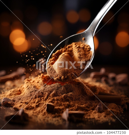 Spoon with ground coffee and coffee beans on a dark background. Macro shot of dry coffee powder in a metallic spoon. Spoon with brown powder surrounded by spilled dry beans. Spoon with ground coffee and coffee beans on a dark background. Macro shot of dry coffee powder in a metallic spoon. Spoon with brown powder surrounded by spilled dry beans. 104477230