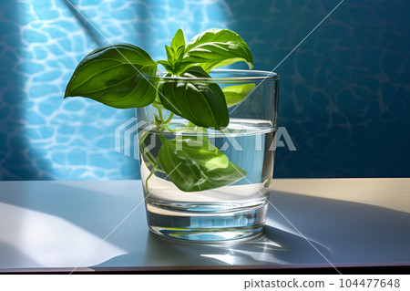 Glass of water with fresh basil on blue background. Diet drink. 104477648