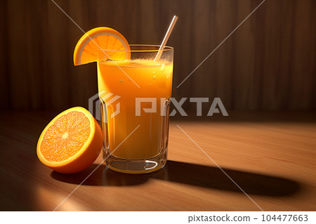 Glass of 100 % orange juice and slices of orange isolated on background 104477663