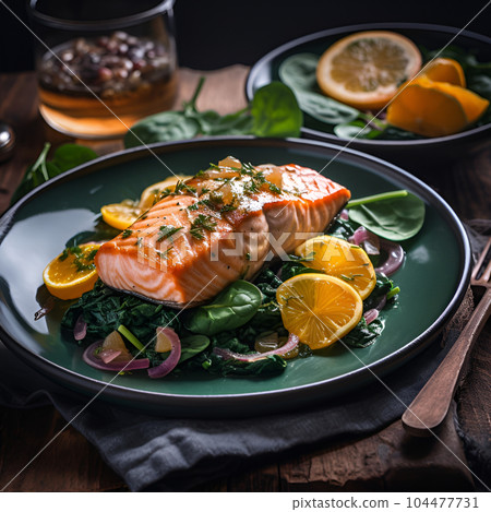 Grilled salmon with spinach and lemon. Paleo, keto, food map, dash diet. Healthy concept 104477731