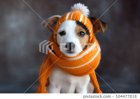 A dog in a knitted orange scarf and a hat on background. Autumn or winter concept. 104477818