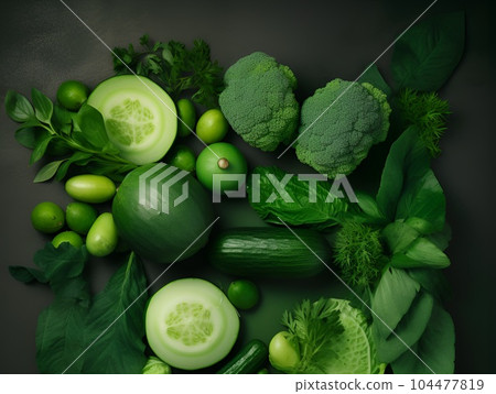 Top view of healthy organic food: green vegetables, herbs on dark background. Source of protein for vegetarians. 104477819