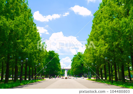 [Osaka Prefecture] July Children play in the water under the refreshing blue sky 104480803