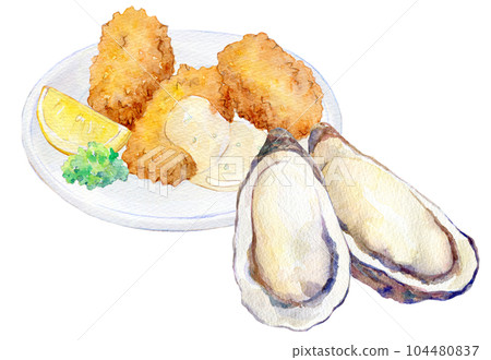 水彩插圖炸牡蠣和生牡蠣 水彩插圖炸牡蠣和生牡蠣 104480837