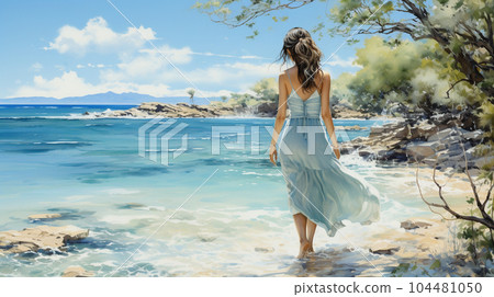 一位年輕女子在熱帶藍天下美麗的海灘上行走：水彩畫 104481050