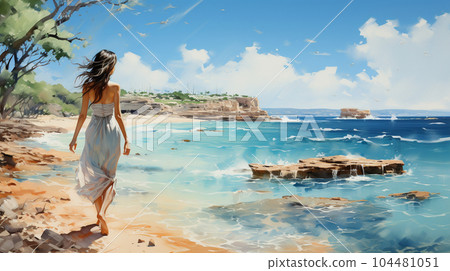 一位年輕女子在熱帶藍天下美麗的海灘上行走:水彩畫 一位年輕女子在熱帶藍天下美麗的海灘上行走:水彩畫 104481051