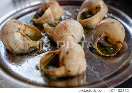 Escargot served in a plate 104482223