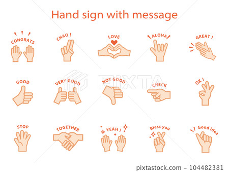 手勢、手勢、帶有傳達情感的消息的手勢圖標線條畫集 104482381