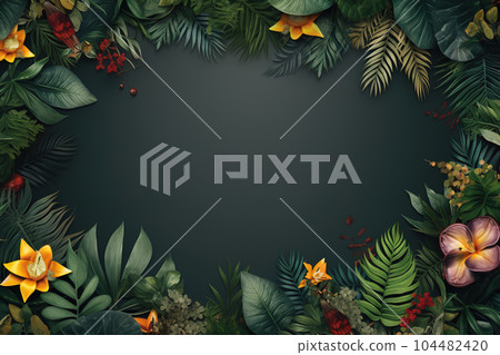 Empty space surrounded by leaves and flowers. Environment concept. Illustration, Generative AI. 104482420
