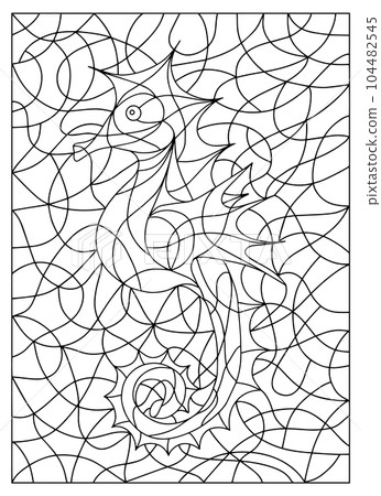 Black and White Illustration in stained glass style with abstract Seahorse. Image for Coloring Book, Coloring Page, Print, Batik and Window. 104482545