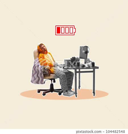 Employee, freelancer sitting in homewear at workin table and feeling lack of energy to work. Deadlines. Contemporary art collage. Employee, freelancer sitting in homewear at workin table and feeling lack of energy to work. Deadlines. Contemporary art collage. 104482548