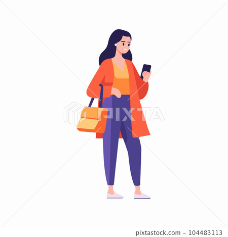 Hand Drawn woman walking with smartphone in flat style Hand Drawn woman walking with smartphone in flat style 104483113