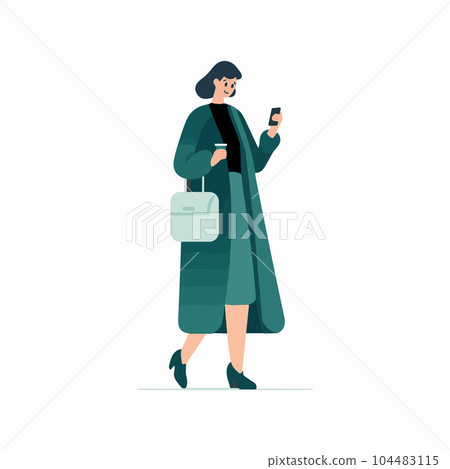 Hand Drawn woman walking with smartphone in flat style Hand Drawn woman walking with smartphone in flat style 104483115