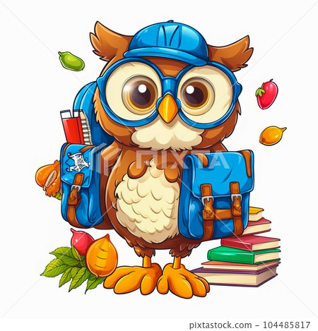 Illustration of an owl with school supplies. The concept of school education. Generative AI 104485817