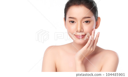 Beautiful young asian woman with clean fresh skin on white background, Face care, Facial treatment, Cosmetology, beauty and spa, Asian women portrait. Beautiful young asian woman with clean fresh skin on white background, Face care, Facial treatment, Cosmetology, beauty and spa, Asian women portrait. 104485901