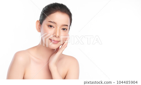 Beautiful young asian woman with clean fresh skin on white background, Face care, Facial treatment, Cosmetology, beauty and spa, Asian women portrait. Beautiful young asian woman with clean fresh skin on white background, Face care, Facial treatment, Cosmetology, beauty and spa, Asian women portrait. 104485904