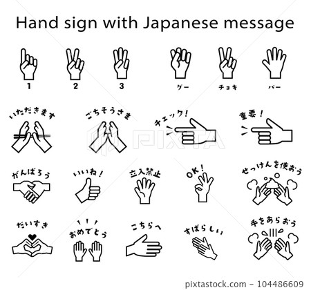 手勢、手勢、帶有傳達情感的消息的手勢圖標線條畫集 手勢、手勢、帶有傳達情感的消息的手勢圖標線條畫集 104486609