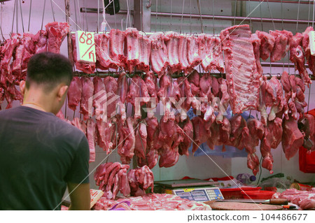 Pork sold at a butcher shop in the Hong Kong market. Higher and more expensive than beef and chicken. Chinese love pork 104486677