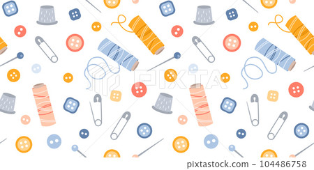 Seamless pattern sewing hobby design elements in flat style. Sewing accessories. Vector illustration 104486758