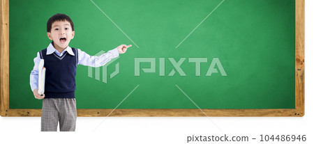 Excited little boy pointing  casual clothes books  104486946