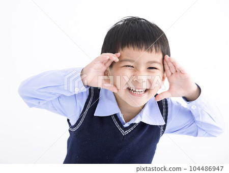 Happy child hand forehead looking away distance Happy child hand forehead looking away distance 104486947