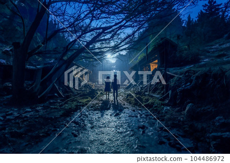 Men and women walking in ruins at night (AI generated) Men and women walking in ruins at night (AI generated) 104486972