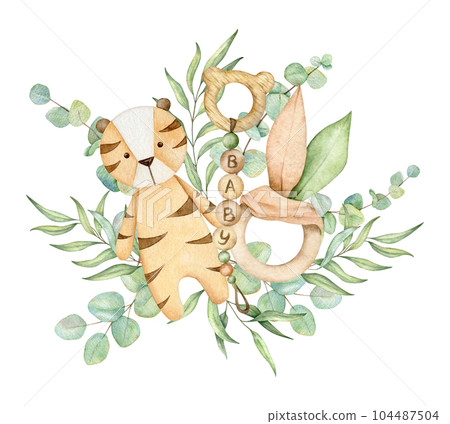 Welcome baby card with tiger doll, teething toy, and eucalyptus branches. Hand drawn watercolor illustration eco baby toys for card, poster, invitation, baby shower, tags, printing, nursery 104487504